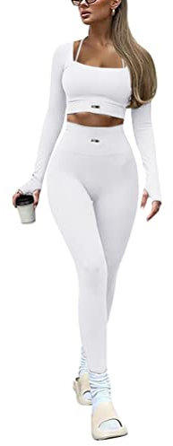 Onsoyours Damen Sportanzug Trainingsanzug Jogginganzug 2 Teilig Bauchfrei Crop Top +Push up Leggings Sportbekleidung Set Yoga Outfit Freizeitanzug B Weiß M