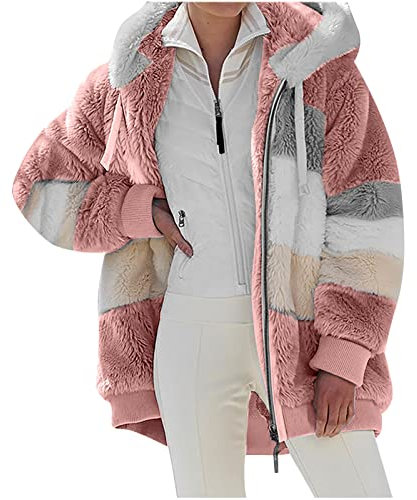 Susenstone Veste Polaire Femme Fille Chaude Sweats Manteau à Capuche Zippé Laine épais Blousons Fourrure Hooded Coat Manche Longue Cardigan Casual Bloc de Couleur Mode Hiver Outerwear, Rose, XXL