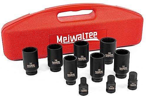 Meiwaltee 10 PCS Jeu de coffret douilles à choc 1/2- Arbre d'entraînement avec boîte à outils - Effet de profondeur métrique pour 27-30-32-33-34-35-36 MM - six pans creux H17-H19-H21 MM - 12 pans