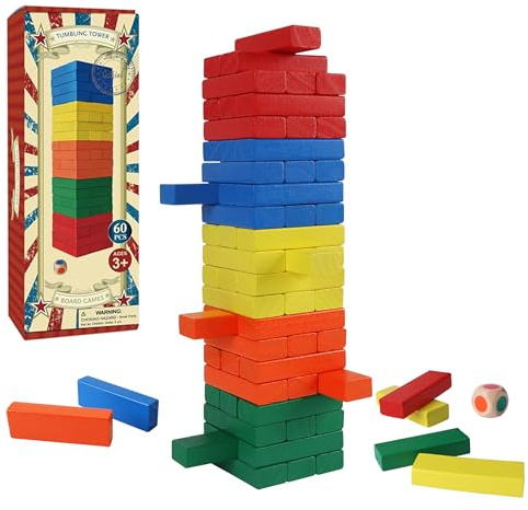 GOTHINK Turmspiel Holz 60-teilig – Bunte Balancing Blöcke Stapelspiel für Kinder & Erwachsene, Montessori-Holzspielzeug Geschenkset für Familien