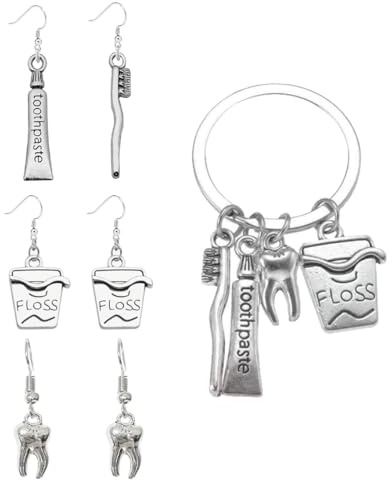 Dental Charm Earrings Women Dentist Floss Toothbrush Toothpaste Teeth Jewelry Set Matching Keychain 3 Pairs of Earrings