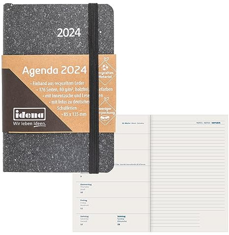 Idena 11070 - Terminkalender 2024, 85 x 135 mm, grau, 176 Seiten, 1 Woche auf 1 Seite, Agenda, Wochenplaner, Einband aus recyceltem Leder