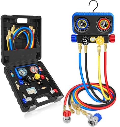 AC Manifold Gauge Set R134A R1234YF, Automotive 4 Way Car AC Gauge Set for R1234yf R134a R404a, Auto R1234yf R134a Refrigerant Air Conditioner Recharge Kit, HVAC Gauges with Hoses