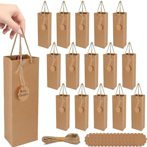 15 PCS Wine Gift Bags, Kraft Paper Wine Bottle Gift Bags with Handles, Reusable Brown Xmas Wine Bottle Bags with Rope and 15 Tags for Christmas, Halloween, Birthday Party, Wedding, Retail Merchandise