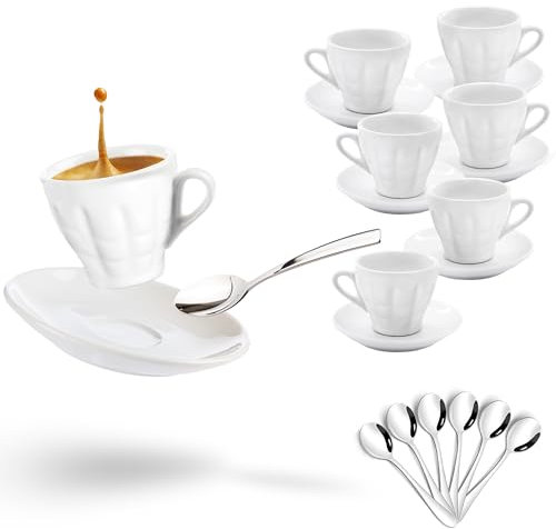 HAND - Set Tazzine Caffe con Piattino in Porcellana e Cucchiaini Acciaio Inox