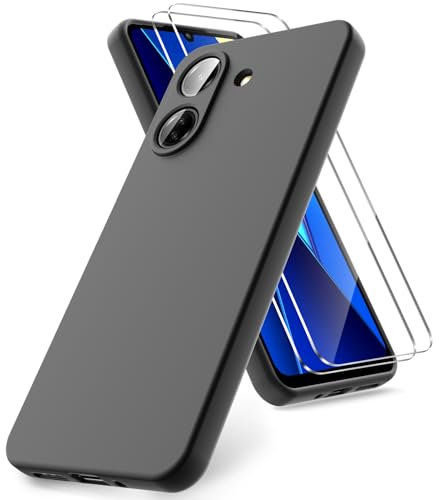 Vansdon Funda Compatible con Xiaomi Poco C65 / Redmi 13C, 2 Unidades Protector Pantalla Cristal Templado, Silicona Líquida Gel Ultra Suave Funda- Negro