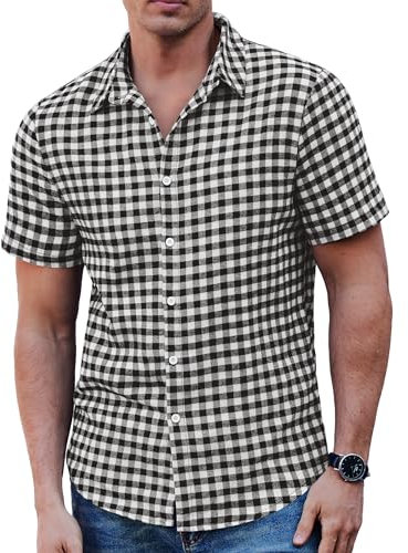 COOFANDY Chemise à carreaux pour homme - Manches courtes - Coupe droite - Décontractée, A blanc et noir, XL