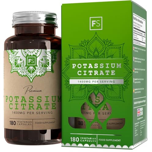 FS Potassium Citrate | 180 High Strength Potassium Supplements Capsules - 1400mg Potasium Citrate per Serving | Non-GMO, Gluten & Allergen Free | Manufactured in The UK