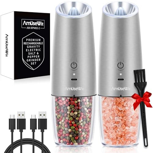 AmuseWit Gravity - Juego de molinillos eléctricos de sal y pimienta [luz blanca] molinillos de pimienta y sal automáticos recargables por USB, grosor ajustable, funcionamiento con una sola mano, acero