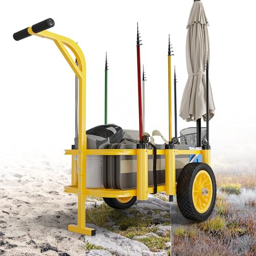 Bonnlo Strand-Angelwagen, Strandwagen mit 30,5 cm großen, nicht flachen Airless-Reifen, faltbarer Strandanhänger mit großem 91,4 x 40,6 cm Frachtkorb, 113,4 kg Tragkraft, 7 Angelruten-Halter