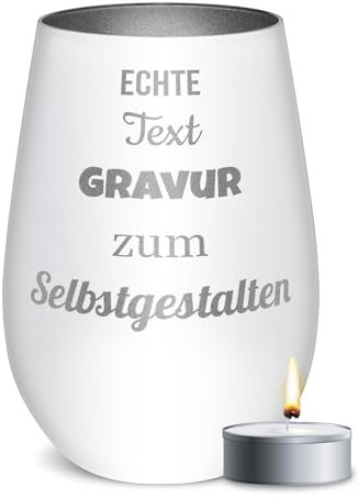 PR Print Royal Weißes Windlicht Mit Gravur - Glas Selbst Gestalten Mit Name Oder Text - Geschenk Zum Geburtstag, Weihnachten | Inkl. Teelicht & Persönlicher Gravur, 450 Ml, Innen Silber
