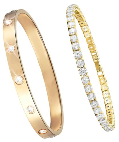 Meifiyu Tennis Bracelet 2 Stück Tennisarmband Tennis Armband Damen Zirkonia Armreif Legierung 6mm Breit 17/19cm Armbänder Gold Armband Damen Strass Schmuck Geschenk für Mama Freund Tochter