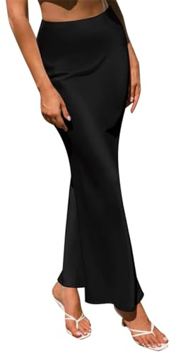 IMEKIS Women Satin Silk Skirt A Line Elastic High Waist Ruffle Long Maxi Skirt Solid Color Mermaid Skirt Formal Evening Party Skirts