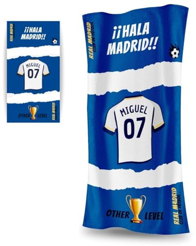 DEREGALOOS Toalla Personalizada con Nombre y Equipo de fútbol. Regalos Personalizados fútbol Madrid. Regalo Original para Aficionados del Fútbol. Regalo Mundial futbolistas.