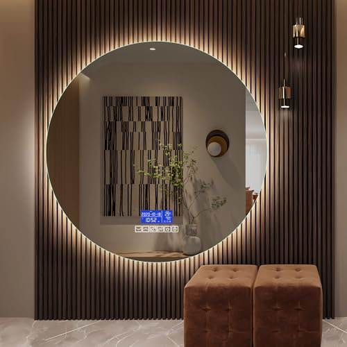 DIYHOM Badspiegel Spiegel mit LED-Beleuchtung, Rund 100 x 100 cm Badezimmerspiegel Mit Anti-Beschlag, Temperaturanzeige und 3 Anpassbare Helligkeit, Bluetooth, Wandspiegel für Badezimmer