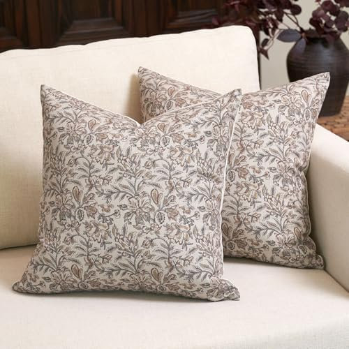Amor Virisso Kissenbezüge mit Blumenmuster, Vintage-Blockdruck, dekorative Kissenbezüge, Couchkissen für Wohnzimmer, Bauernhaus, Akzente, Sofakissen, Rot/Sand, 50,8 x 50,8 cm, 2 Stück