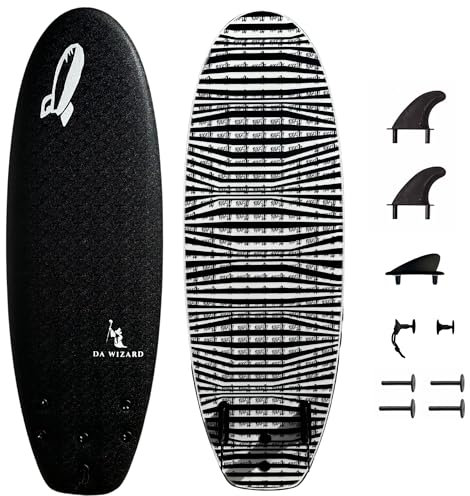 Rock-It DA Wizard Performance Soft Top Surfboard, 4’10” / 39L Foam Surfboard for Ocean, Wave Pool, River Surfing and More with 2+1 fin System and Reinforced Deck and Rails Developed in Hawaii (Black)