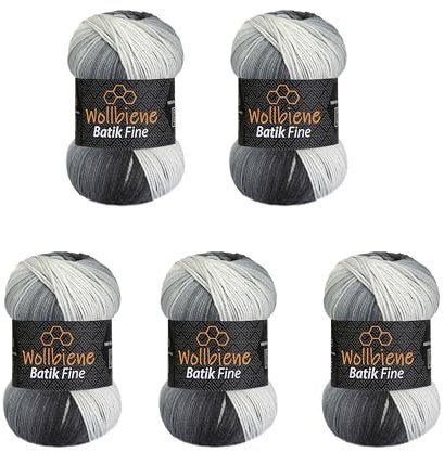 5 x 100g Wollbiene Batik Fine 500 Gramm Wolle mit Farbverlauf mehrfarbig Multicolor Strickwolle Häkelwolle (5000 schwarz grau weiß)