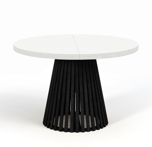 Dekori Möbel Runder Ausziehbarer Tisch für Esszimmer, Dover - Industrial/Loft Still mit Lamellenbeine, Durchmesser Varianten : von 90 bis 220 cm (Weiß/Schwarz, 90/140)