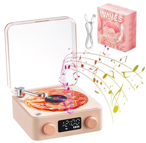 Waves Vinyl Record Player, Wireless White Noise Machine Bluetooth 5.0 Turntable Speaker Compatible with 4 Natural Sound Voice Vintage Audio Gift for Meditation Car Camping Home