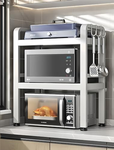 Uwenkjie Estante blanco expandible de doble capa para horno microondas, estante para encimera de cocina con 6 ganchos, estante de almacenamiento que ahorra espacio, 15-25 pulgadas de largo x 14.1