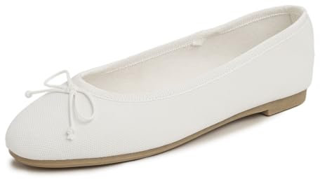Feversole Women's Fashion Round Toe Ballet Flat Pumps Comfort Bow Tie Dolly Shoes White Texture Vegan Leather UK 4.5
