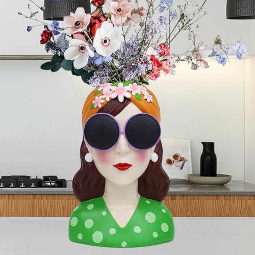 Weibliche Kopfvase, menschliche Körper Vase, kleine Blumenvase, Gesichtsvase, Moderne Garten Vase, Haus und Wohnzimmer Dekoration, Tischkunst Statue innen und außen (Green)