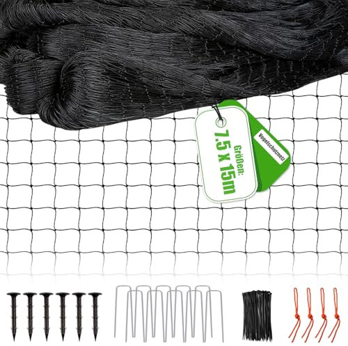 Vogelschutznetz - 7.5m x 15m Vogelnetz mit 6cm Netz für Gartennetz, Teichnetz als Katzennetz für Balkon, UV-beständig Obstbäumenetz für Hühnerzaun, Laubnetz mit 6 Bodenanker