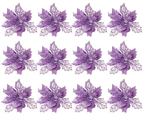 Garneck 12 Stück Weihnachtsblüten Glitzernde Christbaumkugeln Hohle Künstliche Weihnachtsblumen Für Festliche Dekorationen Und Weihnachtsbaum Schmuck in Violett