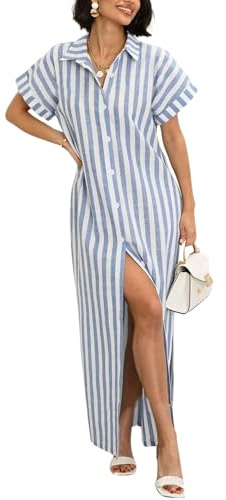 utcoco Gestreiftes Maxi-Hemdkleid für Damen, 2025, Baumwolle, mit Gürtel, Seitenschlitz, Knopfleiste, mit Taschen