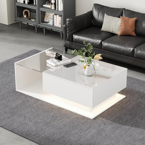 Physport Hochglanz-weißer Couchtisch 100x50x32 cm - mit Glasplatte und Schubladen, Kratzfest, mit 1 Schublade, mit LED-Beleuchtung, moderner Stil