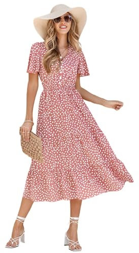 HEYPORK Damen Frühling Sommer Rock Bequem Lässig Kleider Mode Elegant Röcke Frauen V-Ausschnitt Ruffle Ärmel Bedrucktes Kleid(B Rot, M)