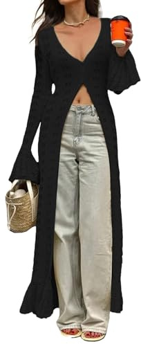 NRTHYE Cardigan lungo da donna, lavorato a maglia, con bottoni, scava fuori, elegante spolverino, maglioni, coprire, maxi abito, 01 nero, M