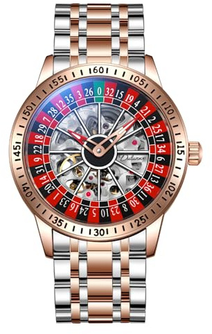 Minskolei Shield Dulunwe Roulette Herrenuhr Automatikuhren für Herren Mechanisch Mode Design Mit Drehbarem Zifferblatt 30M Wasserdicht Armbanduhren für Männer(Stahl Roségold)