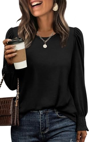 XIEERDUO Long Sleeve Tops Women Sweatshirt for Women Crew Neck Ladies Blouses Fall Outfits Puff Sleeve Tunic Tops Size 18-20 Black