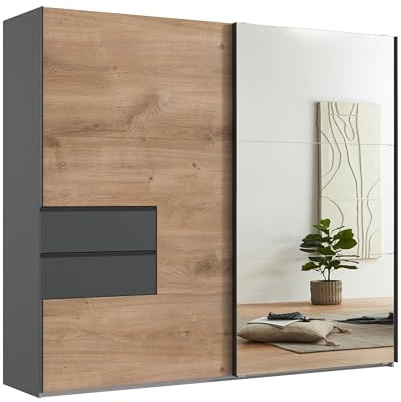 Stilvoller Schwebetürenschrank 2-türig B250/H216/T65 cm, Korpus + Schubladen Grafit, Kleiderschrank Front: Spiegeltür + eichefarbene Tür m.Ausschnitt, Selbsteinzug, Einlegeböden, Kleiderstangen/ 22051