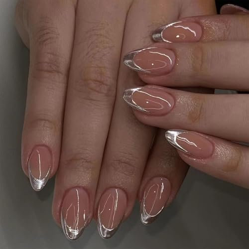 Silver French Tip Press On Nail Short Almond Full Cover Fake Nails Simple Nails