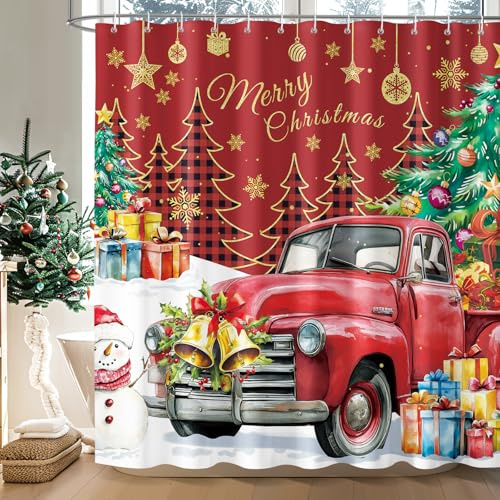 Dazzlewall Weihnachten Truck Rot Duschvorhang 183x183 cm Bad Anti-Schimmel | Retro Festtagsmotiv, wasserabweisend, schnelltrocknend, waschbar, inkl. 12 Haken, für Dusche, Wanne & Gäste-WC