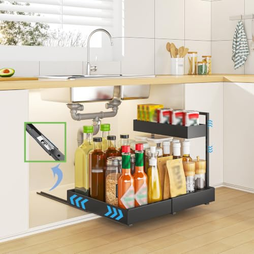 YunNasi Organizador Bajo Fregadero Cocina Extraible 2 Niveles, Negro | Especieros para Cocina, Organizador Cocina, Cajonera Extraíble para Cocina, Baño, Armario, Alacena