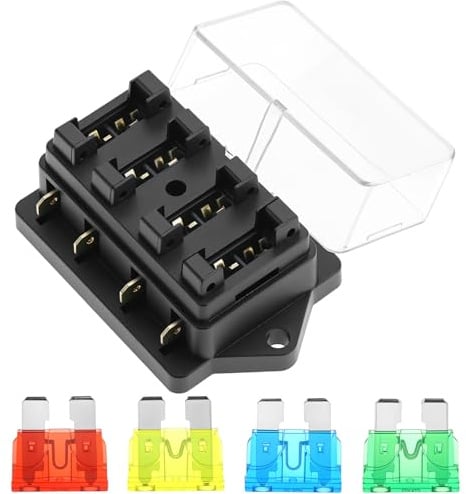 QWORK® 4-Wege Sicherungshalter 12V Flachsicherungsblock, Sicherungsdose Stromkreisverteiler inkl. Sicherungen, für Auto, Boot, LKW & Wohnmobil