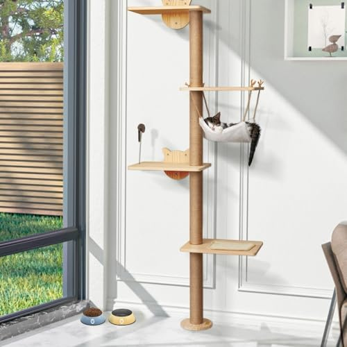 Cat Tree Wall Mounted 4 Tier Cats Climbing Tower, 175 cm Sisal Scratching Post, Cat Wall Shelves with Hammock Hanging Toys Wild Simulation, Large Perch Suitable for Lookout