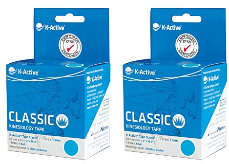 K-Active Kinesiologie Tape Classic BLAU, wasserabweisend und hypoallergen, 50 mm x 5 m, 2 Rollen