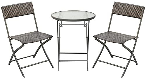 Outsunny Conjunto de Muebles de Jardín Conjunto de Mesa y 2 Sillas de Jardín de Ratán Sintético con Sillas Plegables y Mesa de Vidrio para Terraza Patio Marrón