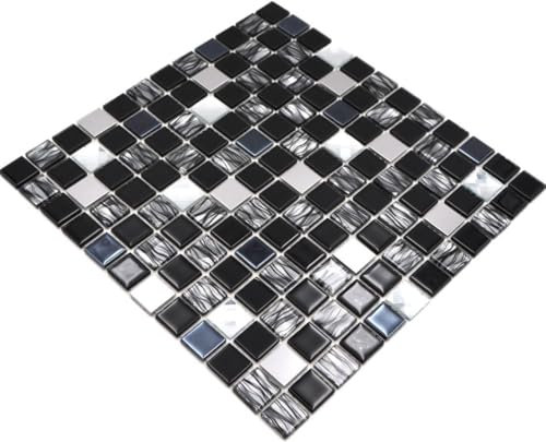 Mosaik Fliese selbstklebend Transluzent Edelstahl schwarz Glasmosaik Crystal Stahl schwarz Glas für WAND BAD WC KÜCHE FLIESENSPIEGEL THEKENVERKLEIDUNG BADEWANNENVERKLEIDUNG Mosaikmatte Mosaikplatte