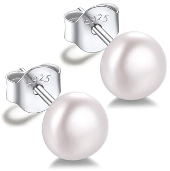 Silvora Klassische Perlen Ohrstecker 6mm Button Weiß Süßwasser Zuchtperlen für Damen S925 Silber Perlenohrstecker mit Echten Perlen