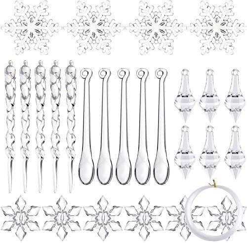 FEPITO 60 PCS Acryl Weihnachtsdekoration Acryl Schneeflocke Eiszapfen Weihnachten Eiszapfen Schneeflocke mit Crystal Line Ornamente Set für Christbaumschmuck