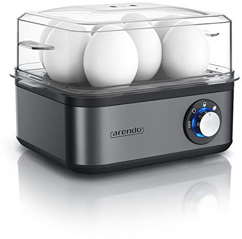 arendo - Cuociuova in Acciaio Inox da 1 a 8 Uova - Fornello per Uova – Cuoci Uova da 500 W - Tre Gradi di durezza alla Coque, barzotto, sodo - Lavabile in lavastoviglie