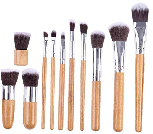 Lot de 11 pinceaux de maquillage avec manche en bambou pour fond de teint, estompage, blush, poudre.