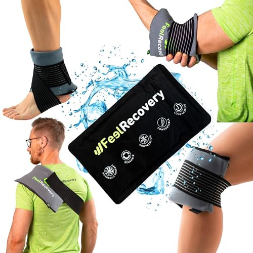 Bolsa de Gel para Aplicar Frío y Calor Reutilizable (28x17 cm) - Gel Frío Recuperación Lesiones Deportivas: Rodilla, Tobillo, Codo, Espalda y Hombros - Bolsa de Hielo con Cinta Elástica Compresión