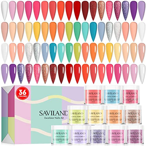 Saviland Nail Acrylic Powder Set - Glitter Acrylic Nail Powder Kit 36 Colors Professional Polymer Powder Nail Kit for Nail Extension 3D Manicure